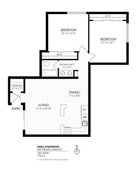 Floor plan for 2 beds, 1 bath, 820 sqft